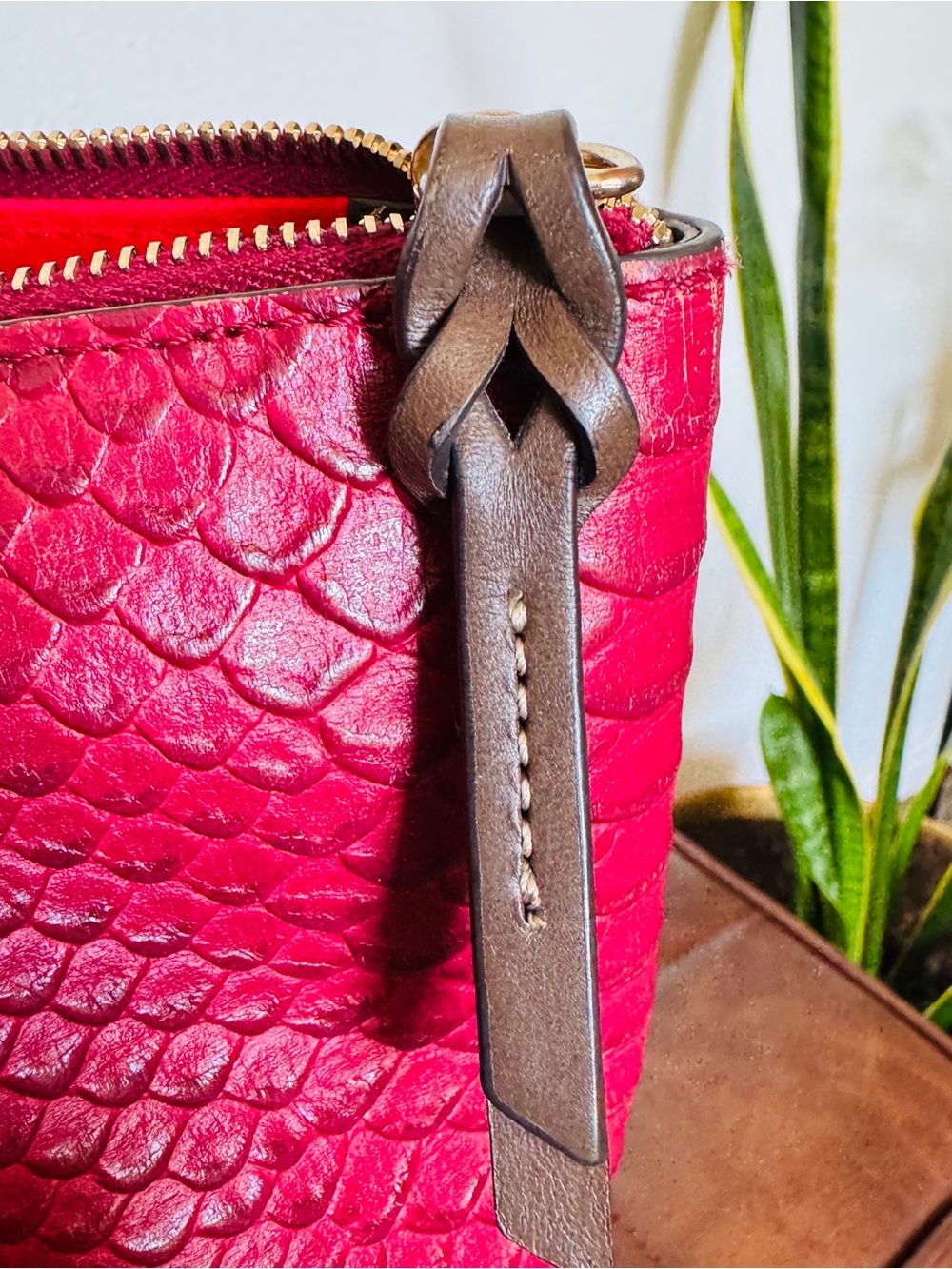 Dooney & Bourke Python Embossed Leather Tassel Tote Raspberry Brown Large - Picture 7 of 15